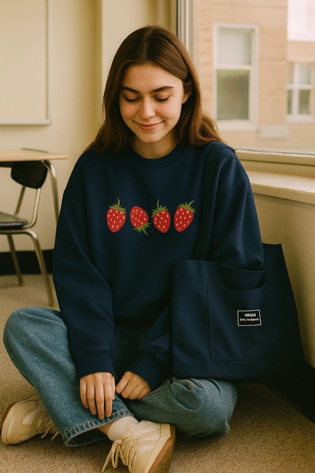 Strawberry Themed Three-Thread Sweatshirt - Light Navy Blue