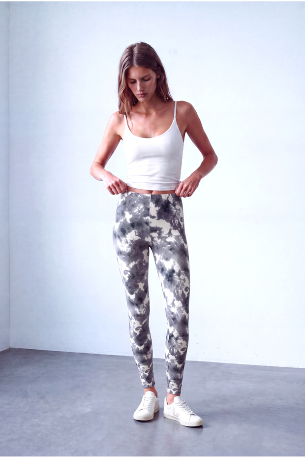 Women's Black/White Cotton High Waist Tie-Dye Patterned Leggings Maya