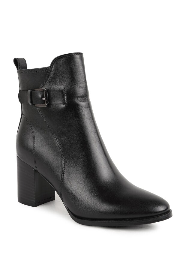 Women's Boots L068.227 Black Genuine Antique Leather Side Belted Metal Square Buckle Detailed Thick Block Heel