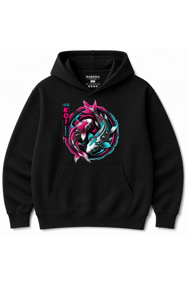 Neo Koi Cyberpunk Japanese Neon Yin Yang Graphic Hoodie