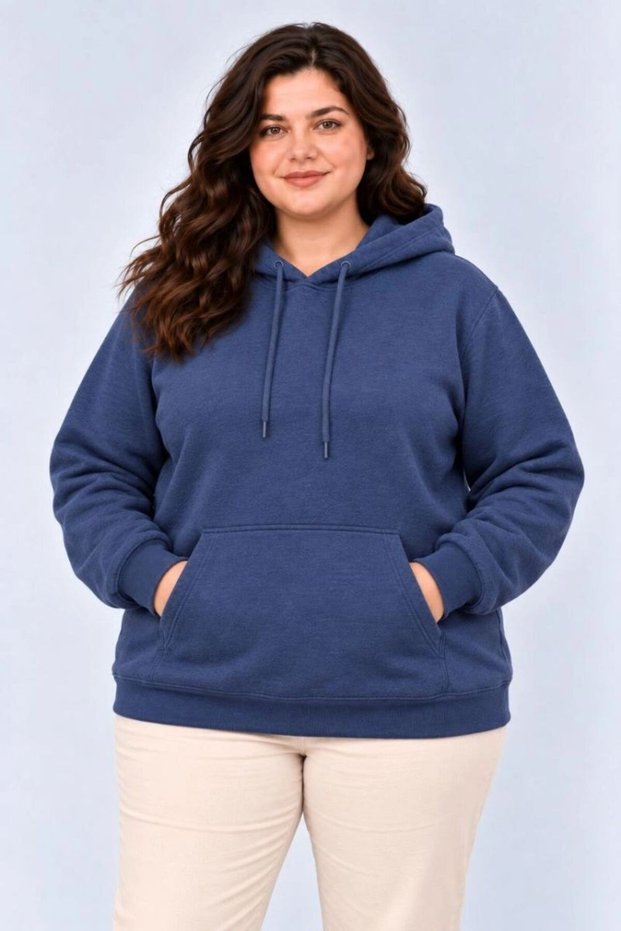 Women's Oversized Three-Thread Ribbed Hooded Kangaroo Pocket Winter Sweatshirt - Navy Blue