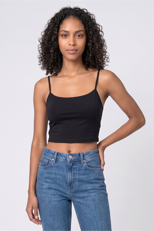 Women Square Neck Sleeveless Plain Tank Top, Black