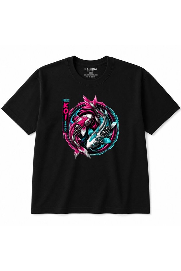 Neo Koi Cyberpunk Japanese Neon Yin Yang Graphic T-Shirt