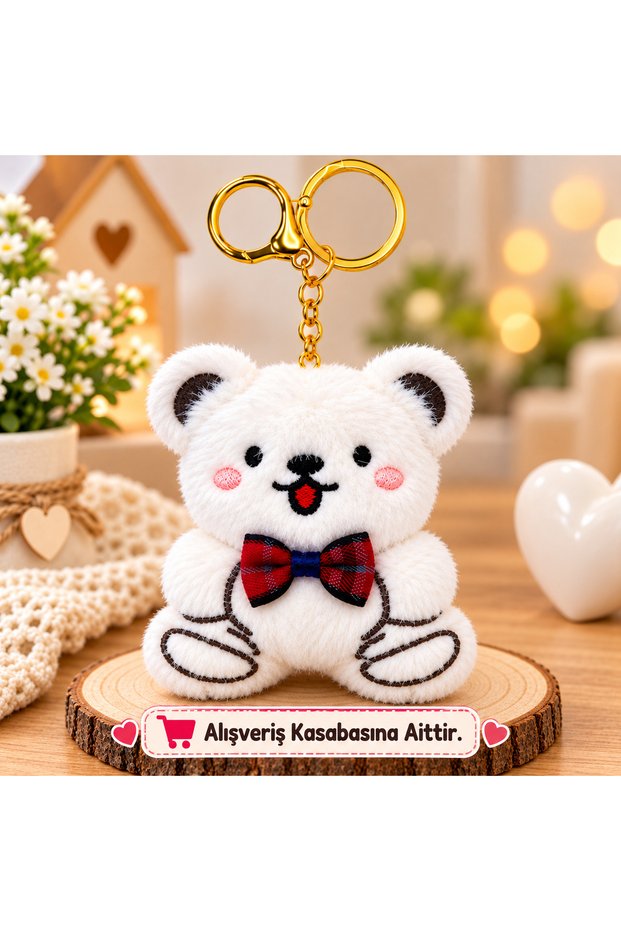 Red-Black Plaid Bow Tie Teddy Bear Keychain and Bag Ornament White