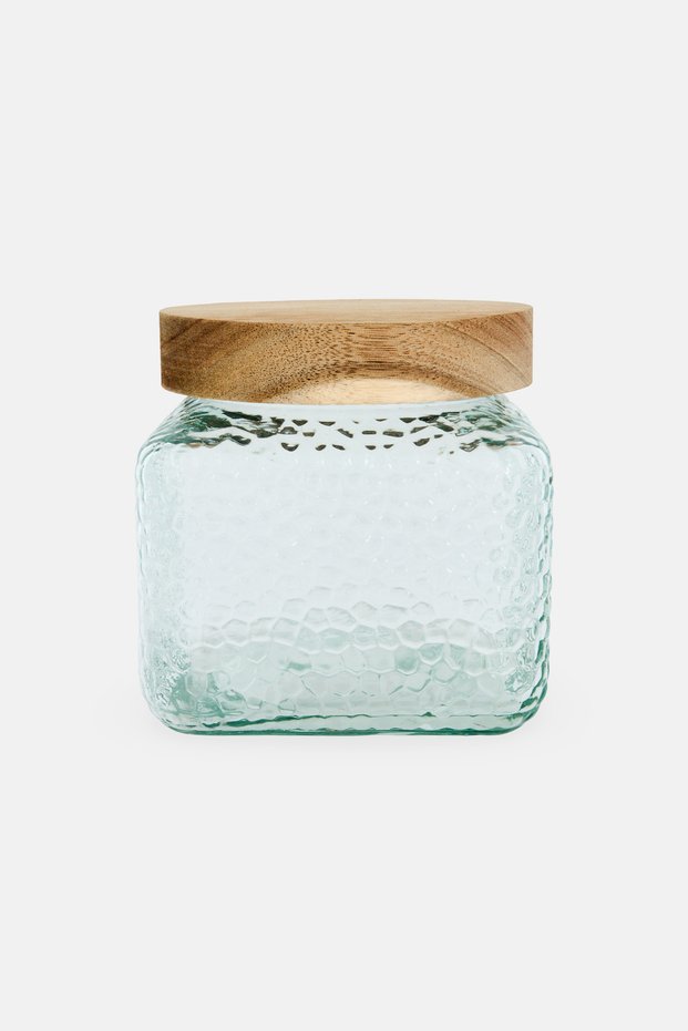 Honeycomb Glass Canister With Acacia Lid, Transparent