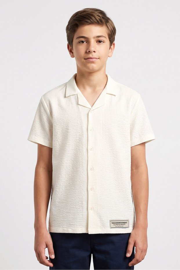 Kids Boy Spread Collar Short Sleeve Plain Shirt, Ivory