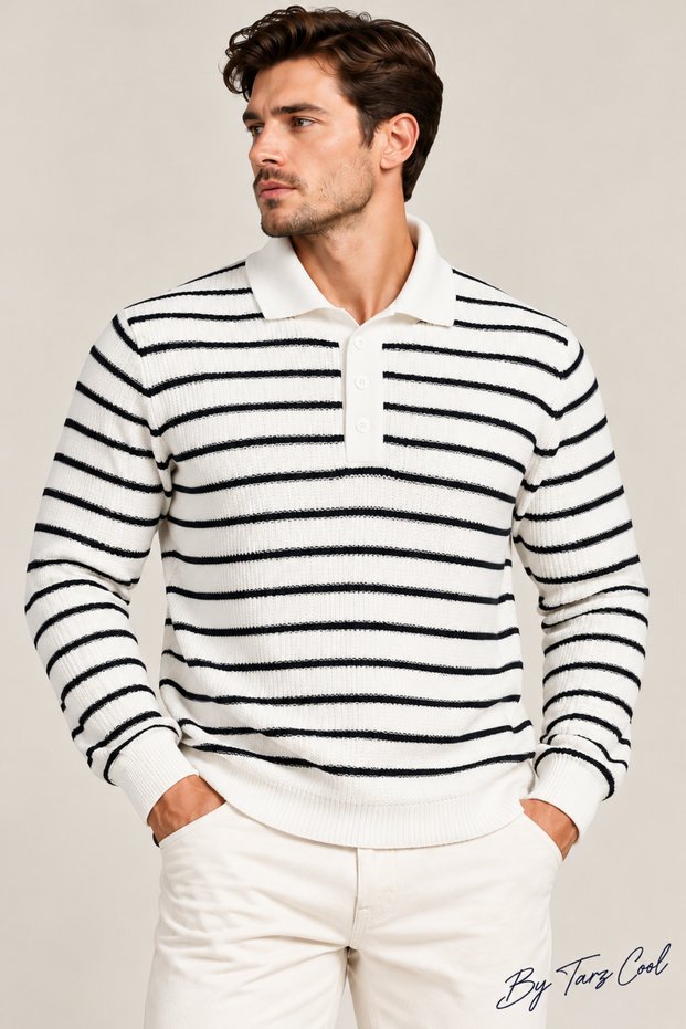 Men's Striped Polo Collar Knitwear Sweater Slim Fit Long Sleeve Cotton Acrylic Blend