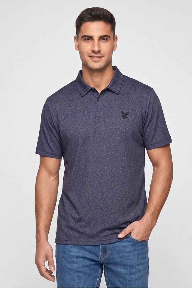 Men Regular Fit Allover Print Short Sleeve Polo Shirt, Blue