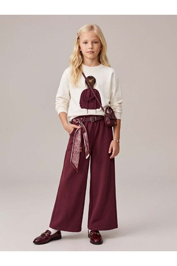 Girl's Sweatpants with Shawl Accessories and Belt Detail