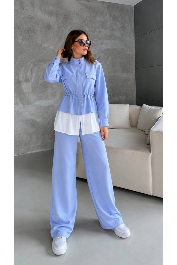 Women's Modest Cotton Two-Piece Set - Zip-Up Jacket and Wide-Leg Pants