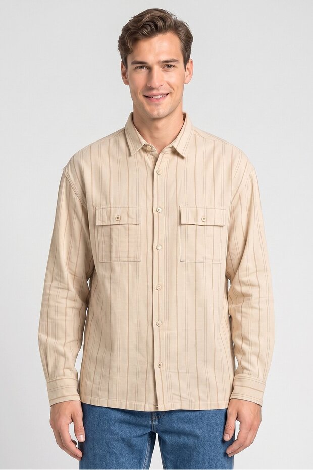 Men Spread Collar Long Sleeve Stripe Shirt, Beige