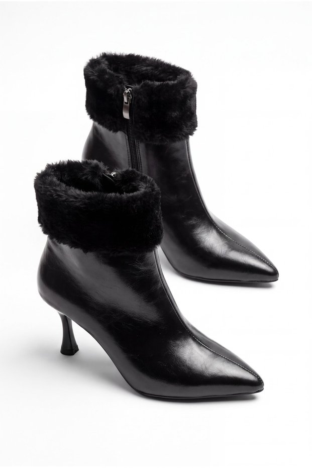 Women's Black Winter Patent Leather Fur Zippered Pointed Toe Thin Heeled Boots Atel