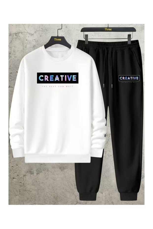 Unisex Crew Neck Creative Printed Sweatshirt and Sweatpants 2-Piece Set