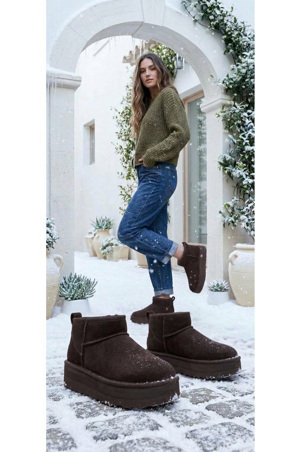 Bitter Brown Suede Fur Inside Wool Thick Sole High Heeled Winter Ankle Short Mini Ug Boots