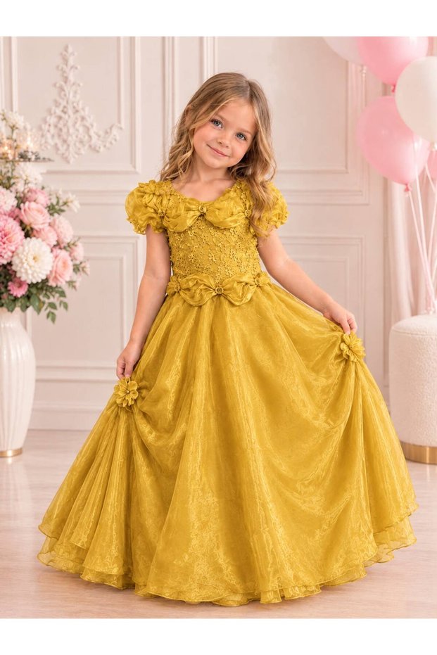 Girls' Evening Dress, Bubble Sleeves, Draped Bridal Gown