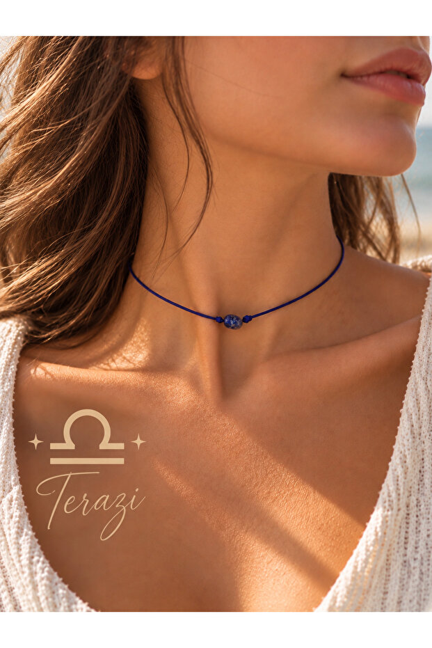 Libra Zodiac Sign Adjustable Necklace with Real Natural Lapis Lazuli Stone