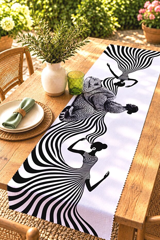 Black and White Women's Silhouette Patterned Runner / Tablecloth / Placemat