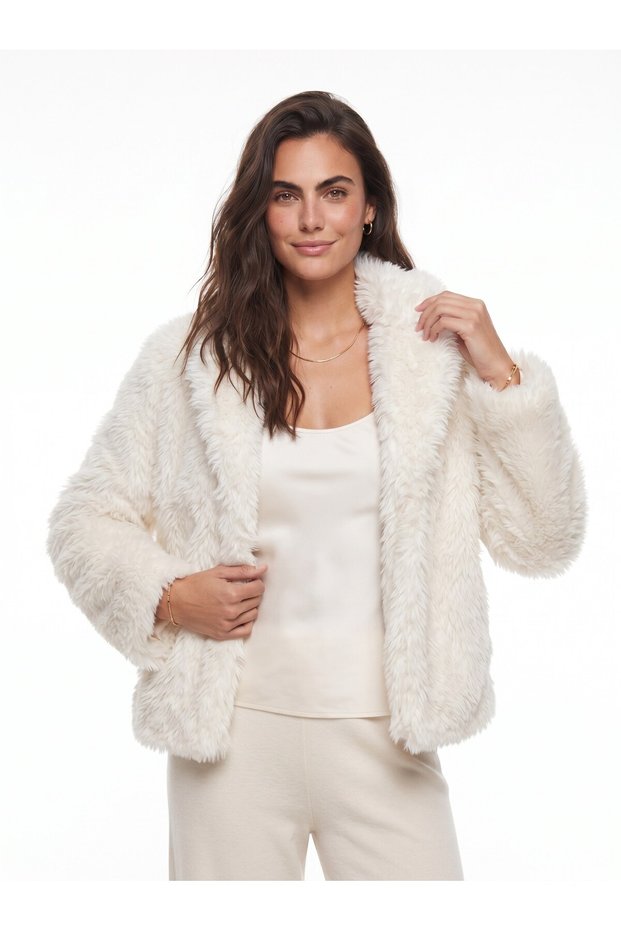 Women's Cream Furry Plush Long Sleeve Coat