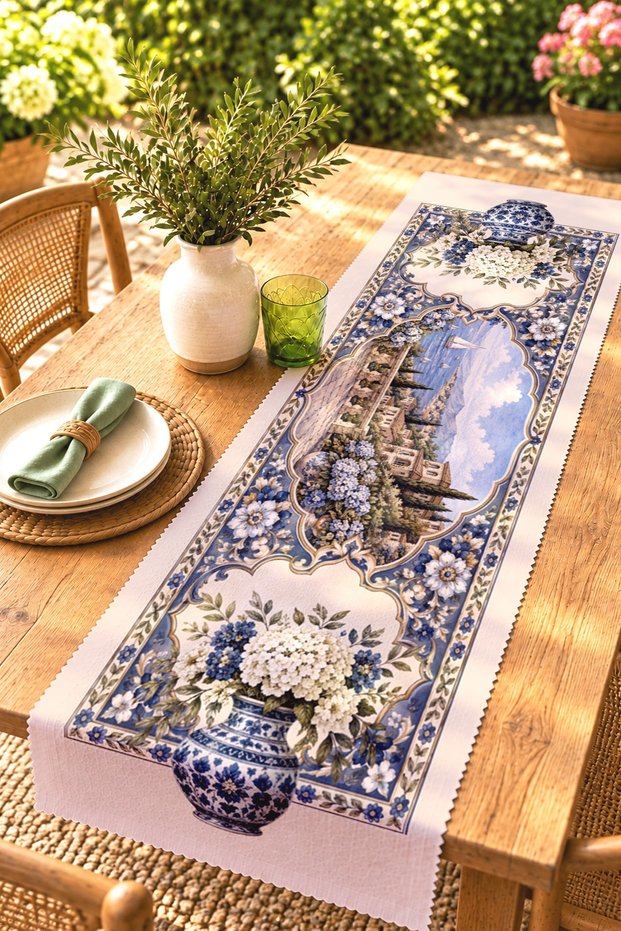 مفرش طاولة/مفرش أمريكي/مفرش طاولة صغير بنمط مناظر طبيعية مزخرفة بتصميم بلاطات الزجاج