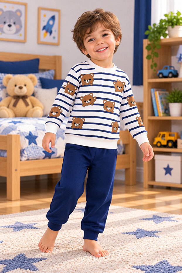 Ss Gi̇yi̇m Boys' Teddy Bear Printed Navy Blue and White Striped Tracksuit Set – 2-Piece Sportswear