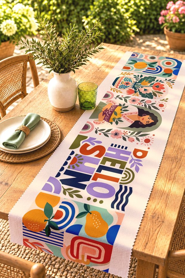 Simple Girl and Flowers Patterned Runner/Tablecloth/Placemat