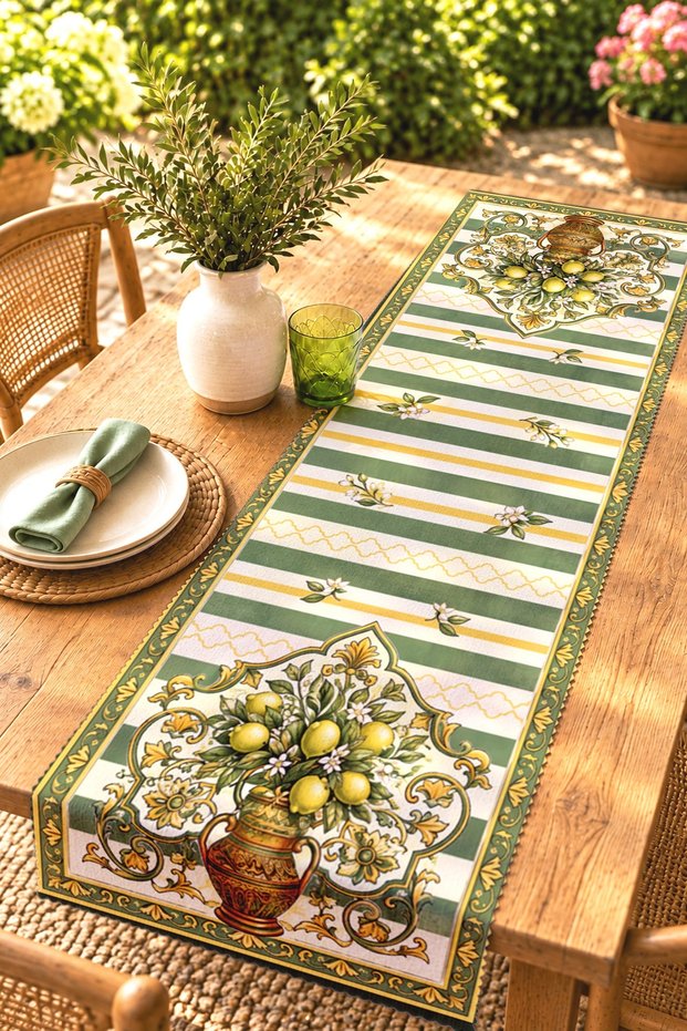 Green Lemon Damask Patterned Runner / Tablecloth / Placemat