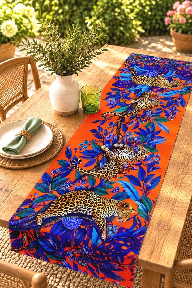 Indigo Floral Leopard Pattern Runner / Tablecloth / Placemat