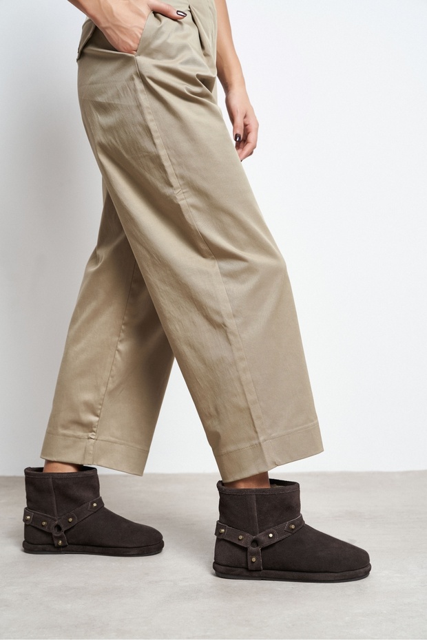 Cordi Bitter Brown Suede Leather Belt Detail Flat Sole Plush Lined Women's Ankle Boots