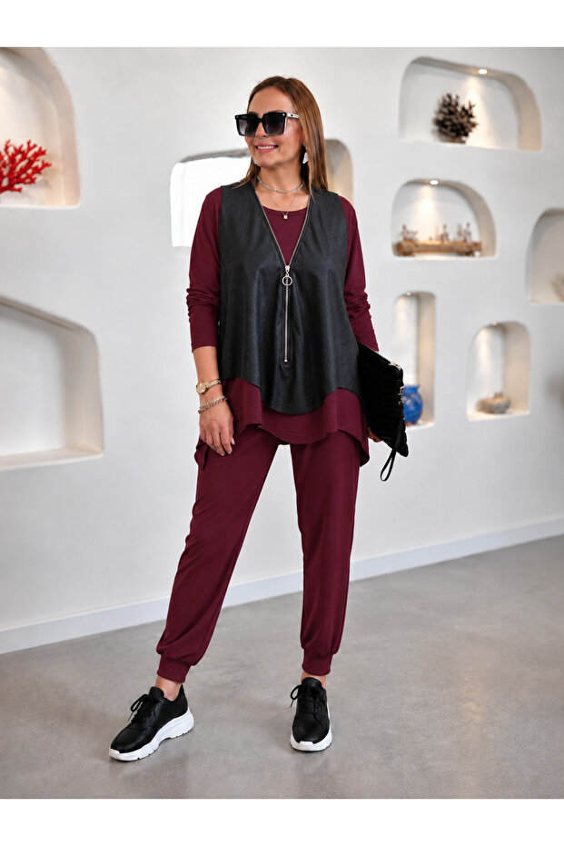 Women's long sleeve crew neck viscose two thread blouse pants and crack leather vest three piece set