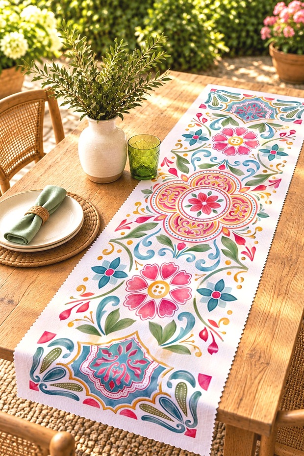 Abstract Ethnic Drawings Patterned Runner / Tablecloth / Placemat