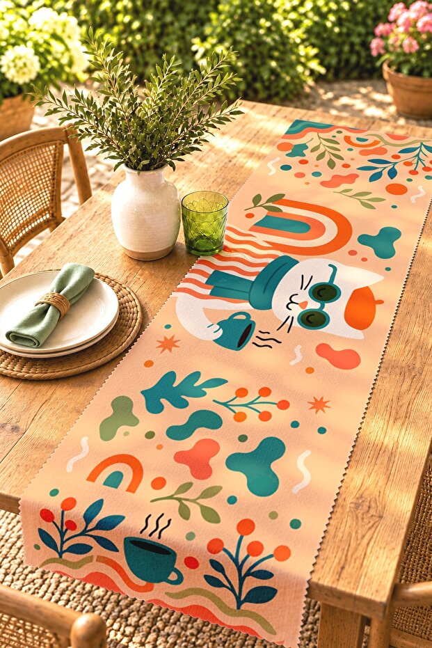 Coffee Shop Cat Patterned Runner / Tablecloth / Placemat