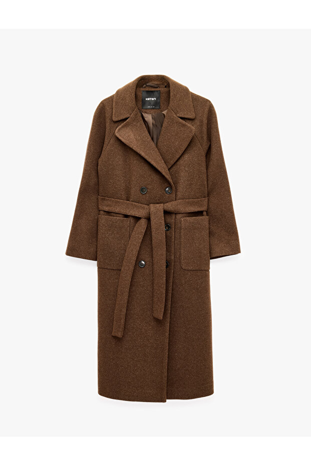 Long Sleeve Buttoned Pocketed Belted Double Breasted Long Cashmere Coat