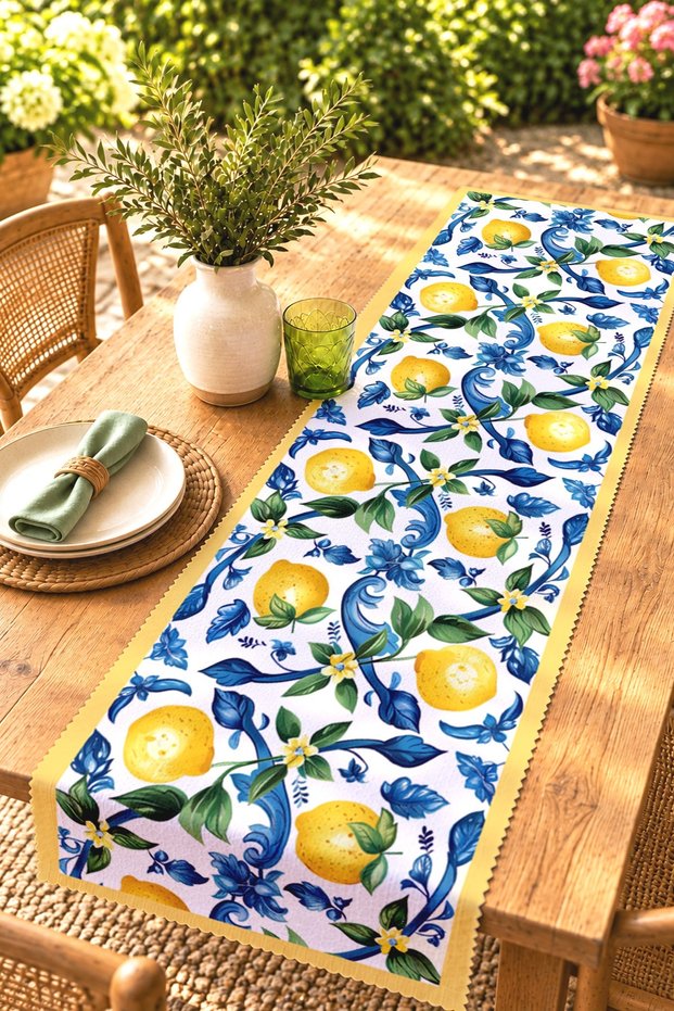Bird Lemon and Flowerpot Patterned Runner / Tablecloth / Placemat