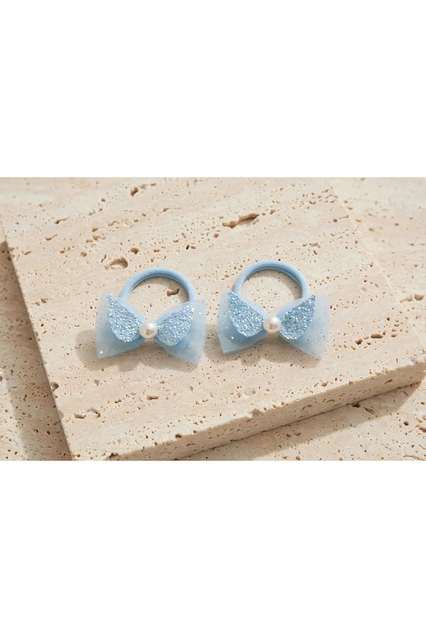 1 Pair Girls' Sequined Tulle Bow Elastic Hair Clip Set - Mesh Hair Clip with Pearls