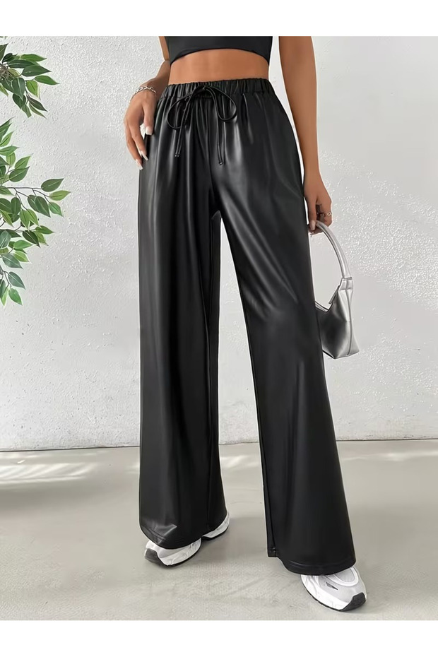 Women's High Waist Elastic Waist Lace-Up Wide Cut Detailed Leather Trousers