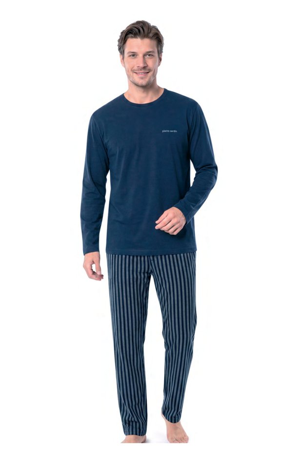 Men's Striped Bottom Plain Long Sleeve Pajama Set