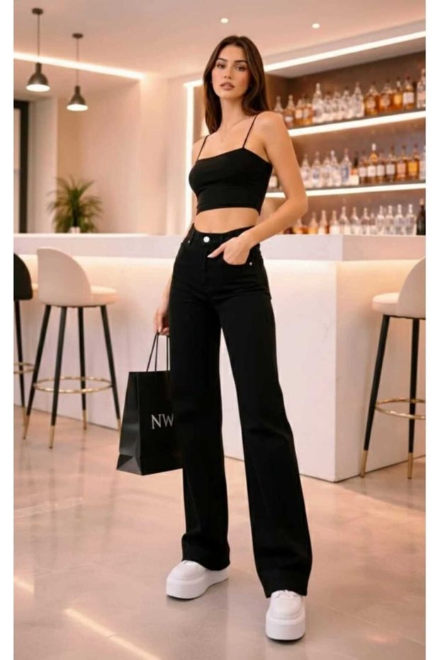 Women's Black Stretchy Wide Leg High Waist Palazzo Jean Loose Fit Comfortable Denim Trousers