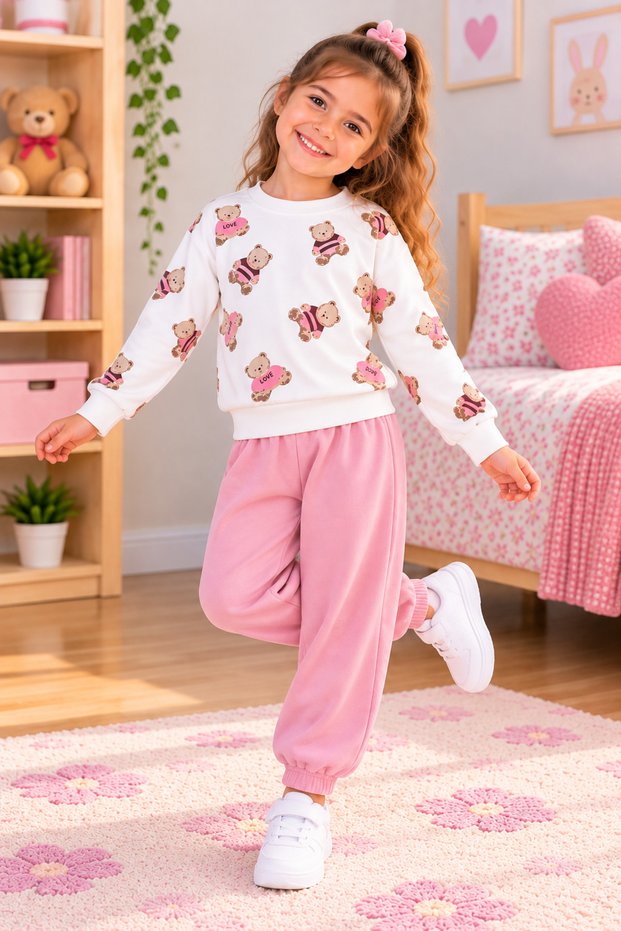 Girl's Teddy Bear Printed Tracksuit Set – Long Sleeve Sweatshirt and Sweatpants