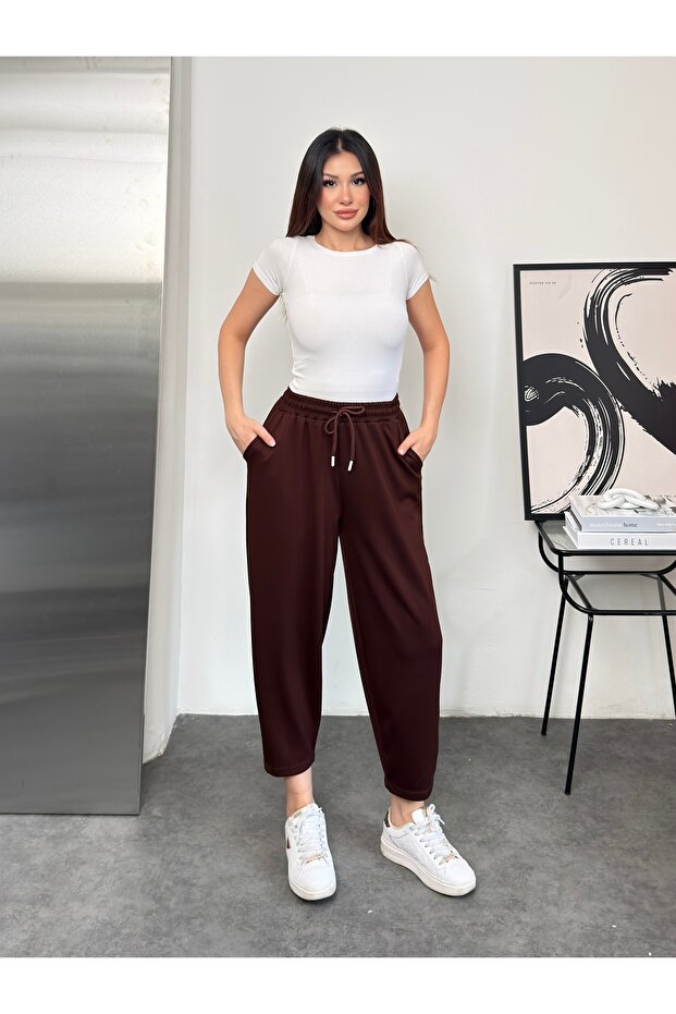 Women's Modal Fabric Carrot Cut Trousers with Pockets and Ties