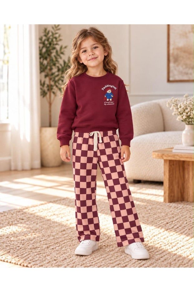 Girls' Bear Printed Cherry Color 3-Thread Cotton Checked Pants and Top Set 2-8 Years