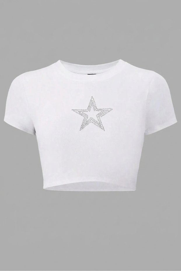 Women's Crystal Stone Printed Short Sleeve Crop T-Shirt