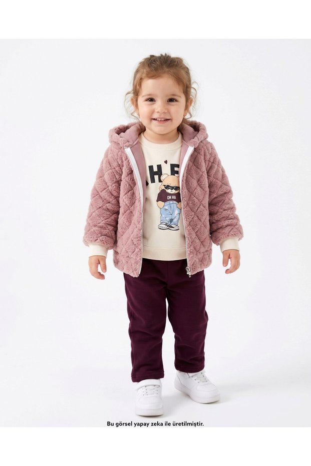 Baby Girl Welsoft Cardigan 3-Piece 2-3-4-5-6 Years Old Hooded 3-Strap Hooded Top and Bottom Winter Set