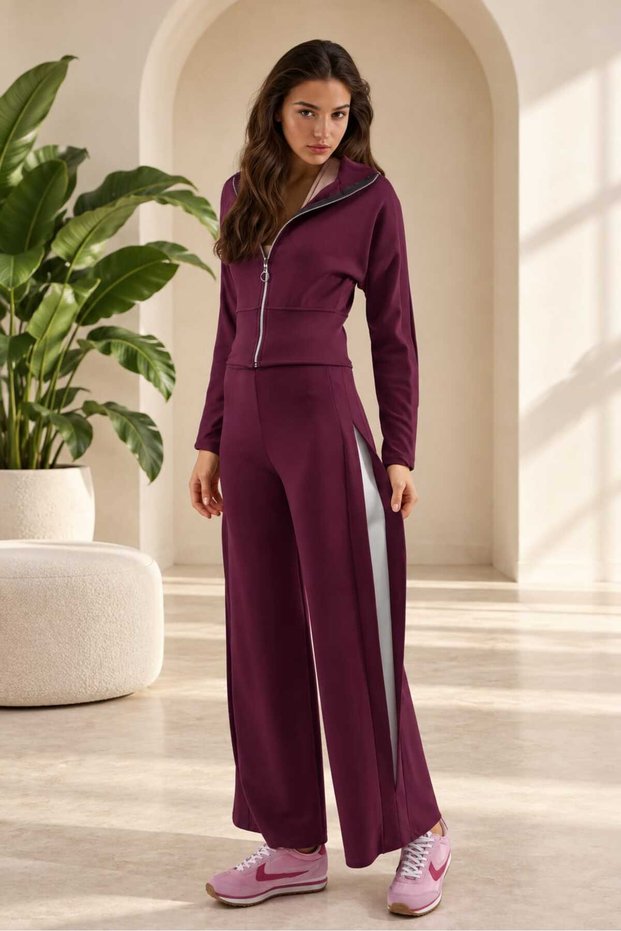 Women's Wide Leg High Waist Zippered Crop Tracksuit Set with Side Stripe Detail