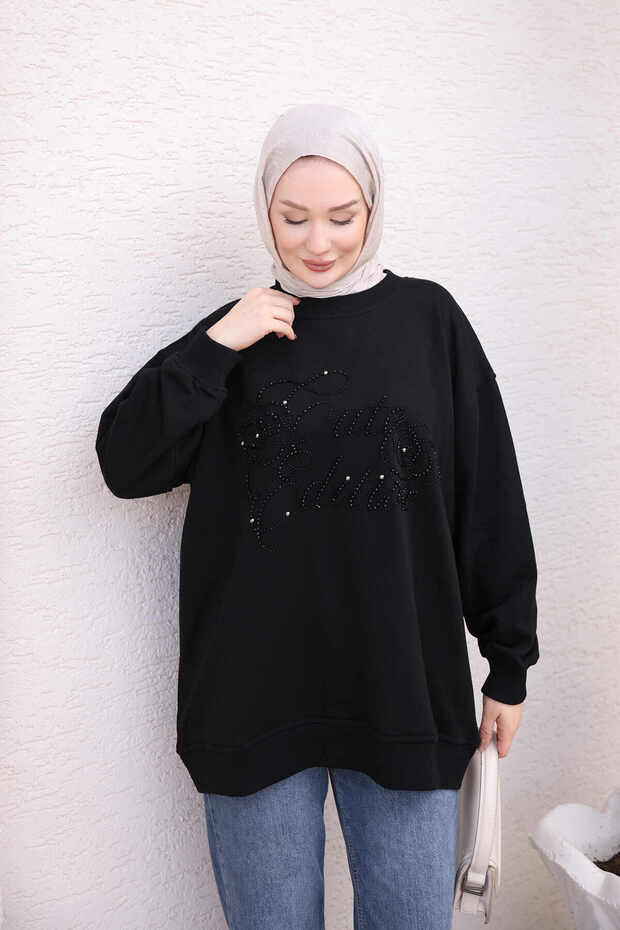 Black Bead Embroidered Two-Thread Sweatshirt