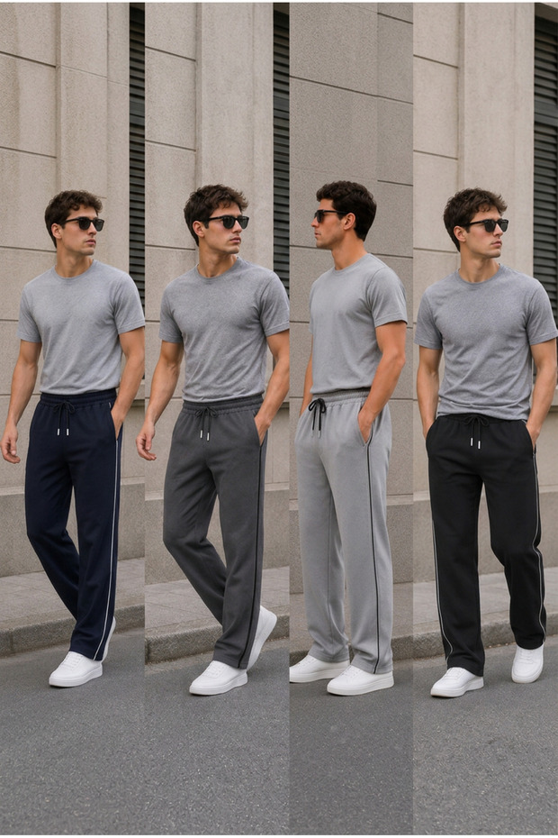 Men's 4-Piece Navy Blue-Smoked Gray-Black Side-Piped Baggy Sweatpants Comfortable Fit