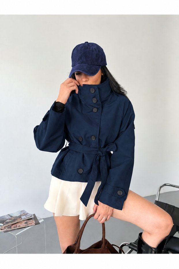 Women's Belted Pocketed Mock Neck Trench Coat