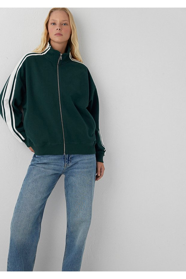 Stripe Detailed Zippered Green Sweatshirt 1S10560-71538