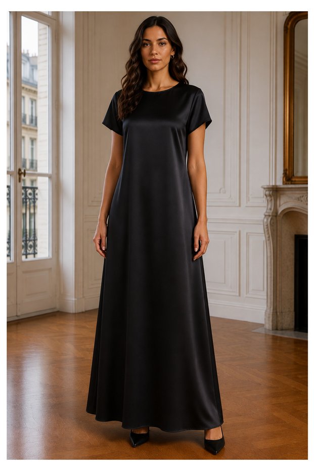 Satin Silk Under Abaya Dress I Black, Short Sleeve, Maxi Length