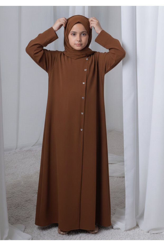 Brown Kids Abaya with Matching Hijab for Girls Korean Nida Fabric Modest Islamic Dress 9 Colors