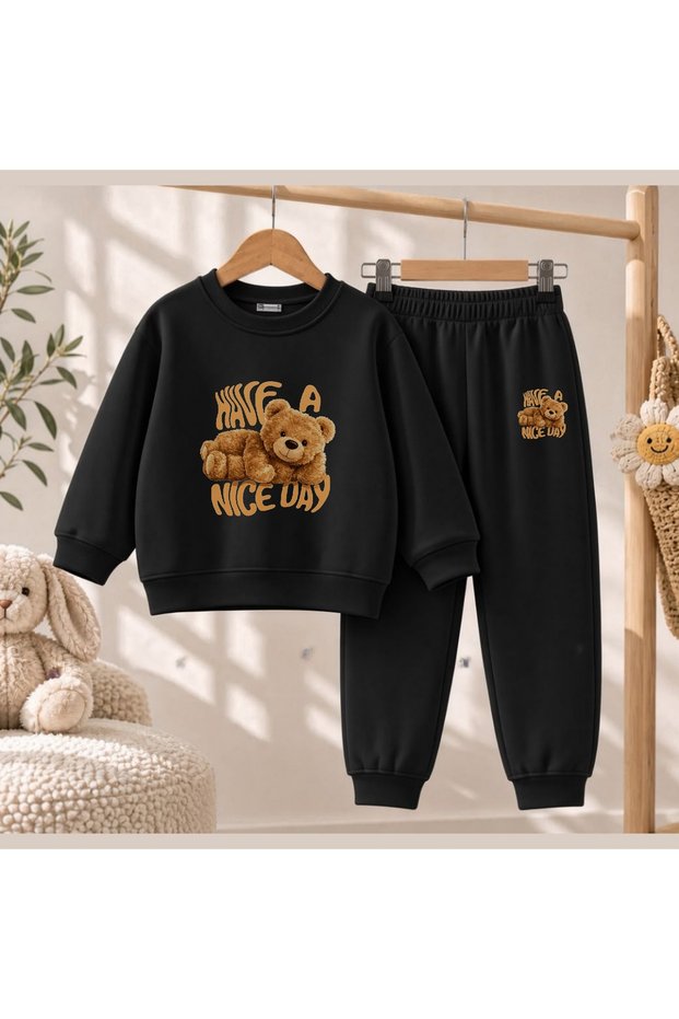 Team Sweatshirt Nice Day Bear Printed Girls' and Boys' Crew Neck